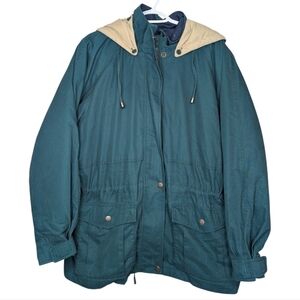 Vintage Towne by London Fog Men’s XL Teal Parka Jacket Tan Hood